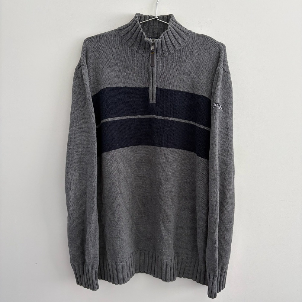 Nautica Jeans Co Mens XL Gray Navy Blue Striped Quarter Zip Pullover Sweater